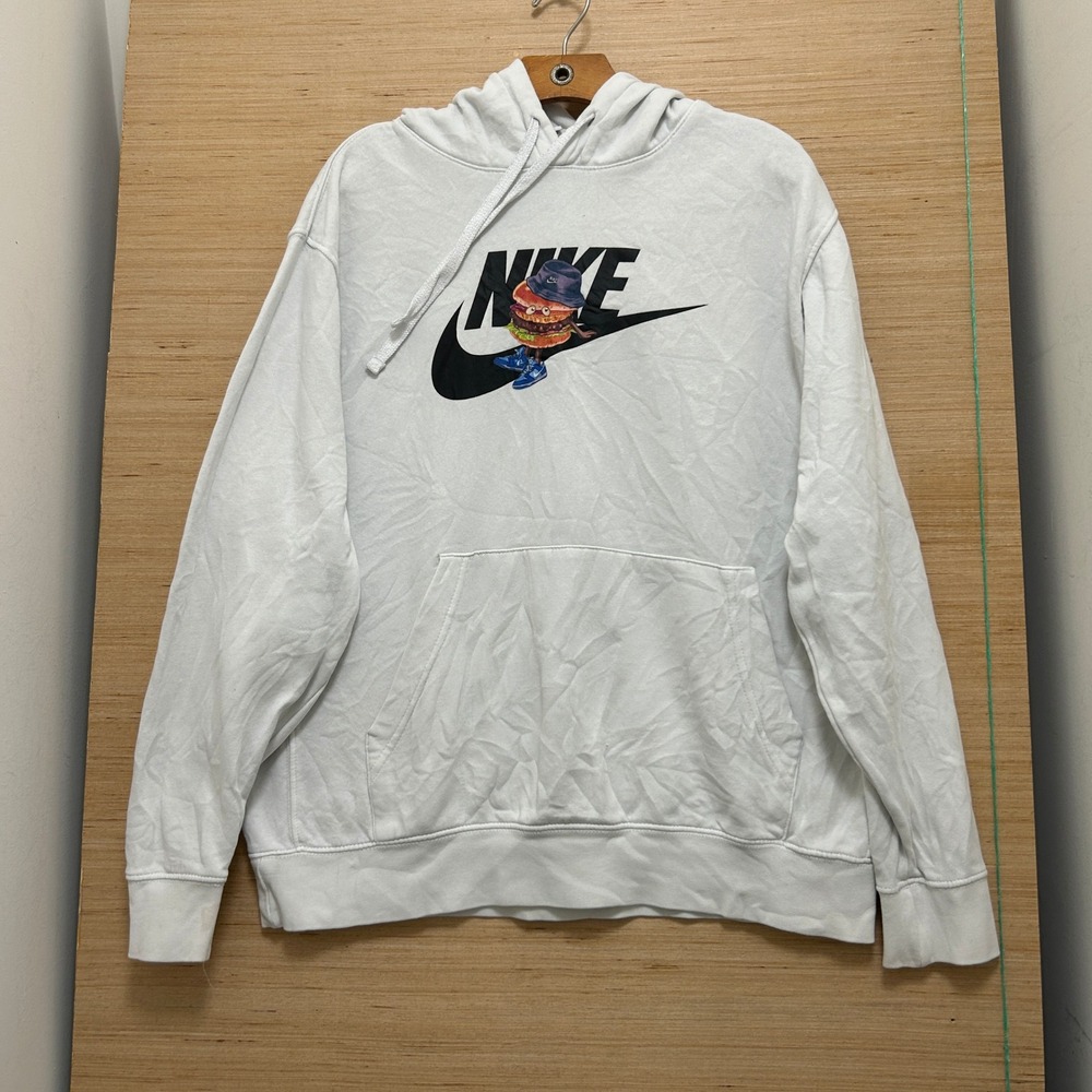 Nike Mens White Burger Character Graphic Pullover Hoodie Sweatshirt Large 5402